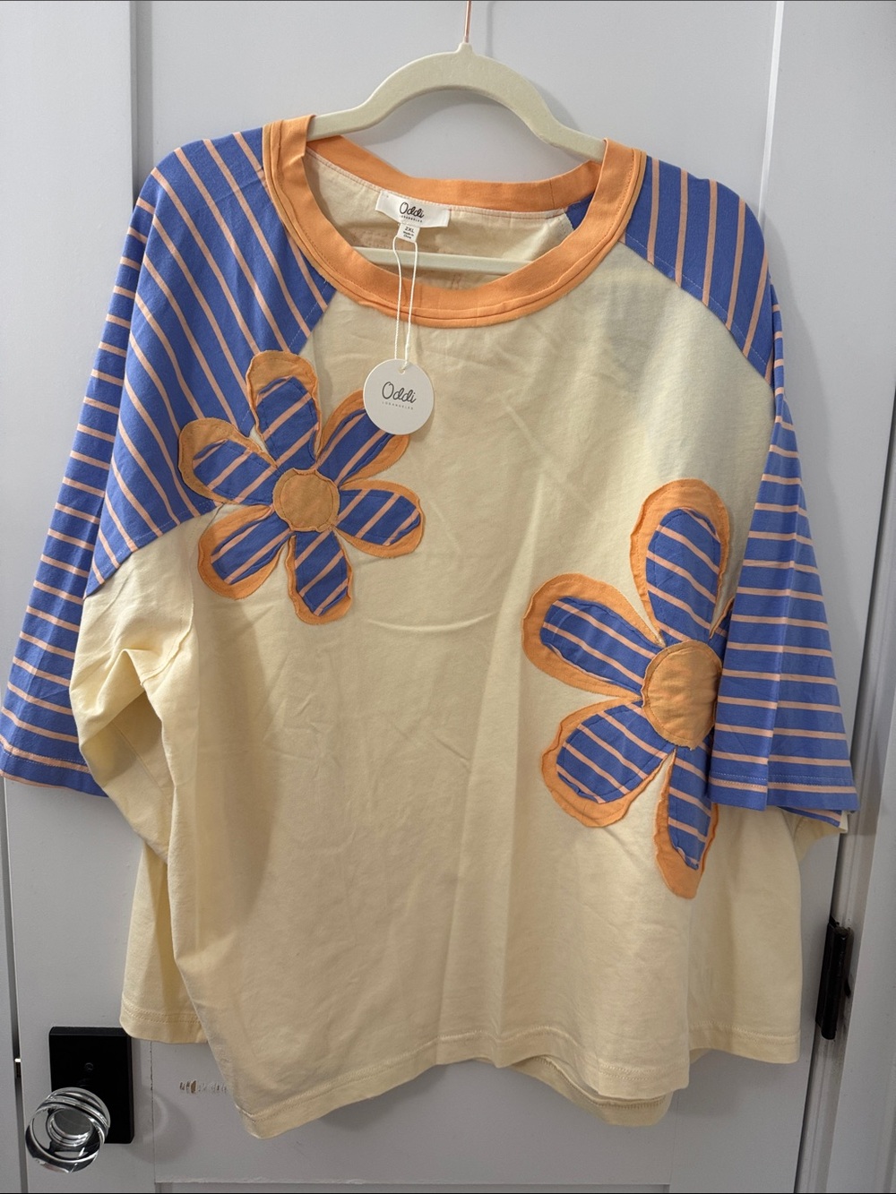 Odelia Cream & Blue Striped Floral Appliqué Tee